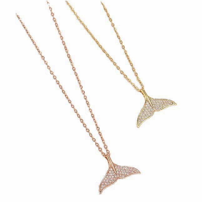 Wholesale Titanium Steel 18k Rose Gold Full Diamond Fishtail Necklace