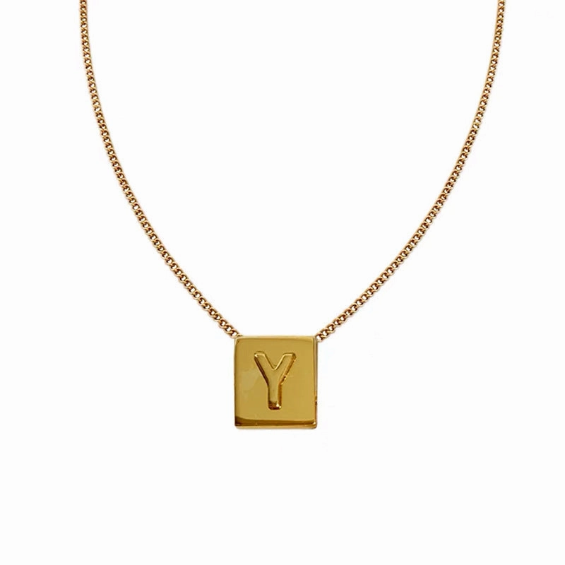Wholesale Titanium Steel 26 English Letters Gold Square Letter Necklace