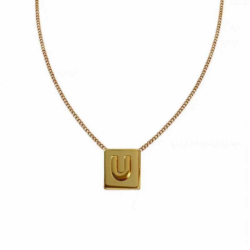 Wholesale Titanium Steel 26 English Letters Gold Square Letter Necklace