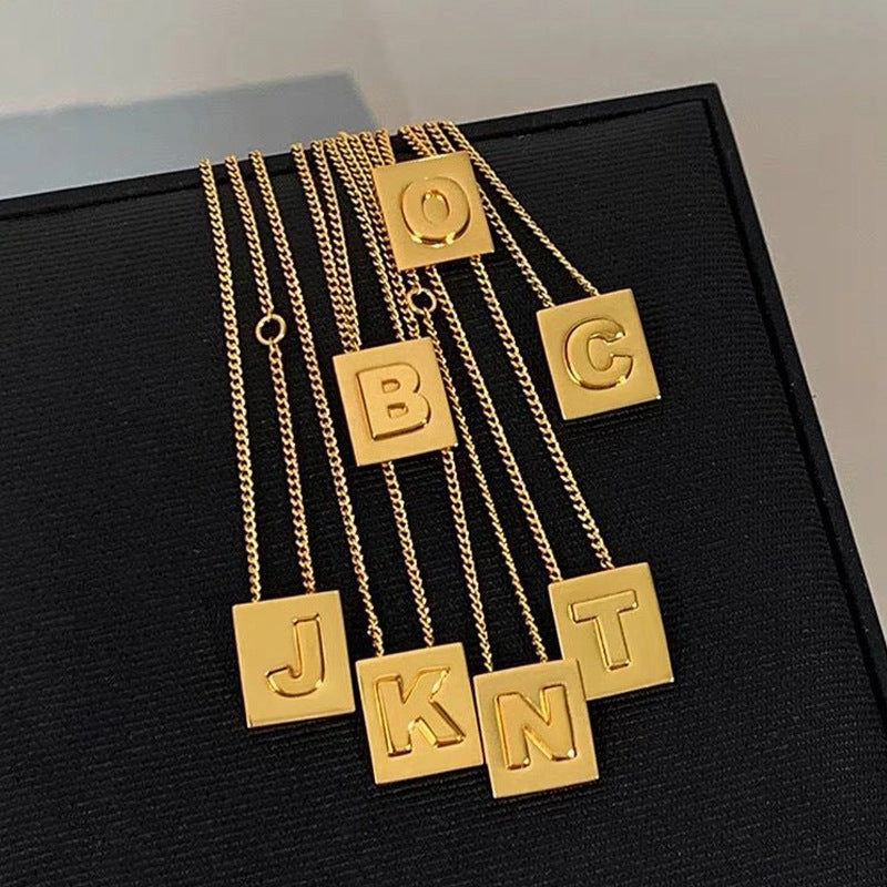 Wholesale Titanium Steel 26 English Letters Gold Square Letter Necklace