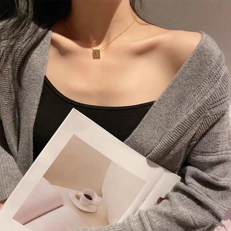 Wholesale Titanium Steel 26 English Letters Gold Square Letter Necklace