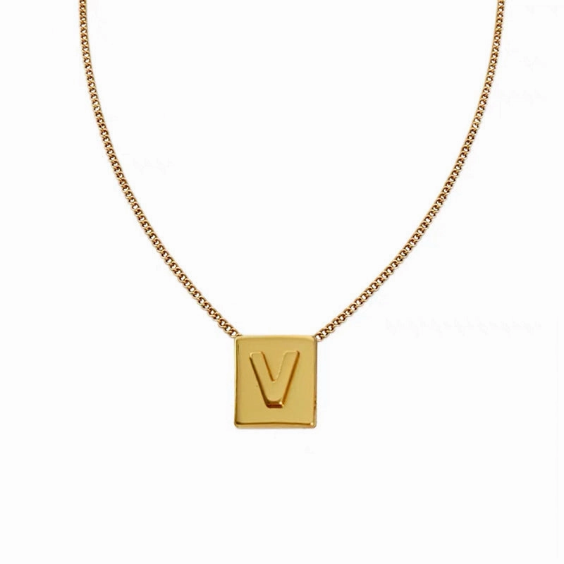 Wholesale Titanium Steel 26 English Letters Gold Square Letter Necklace