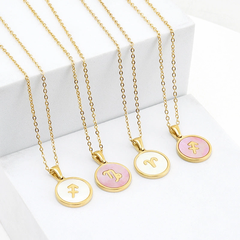 Wholesale Titanium Steel Circular Shell Twelve Constellation Necklaces