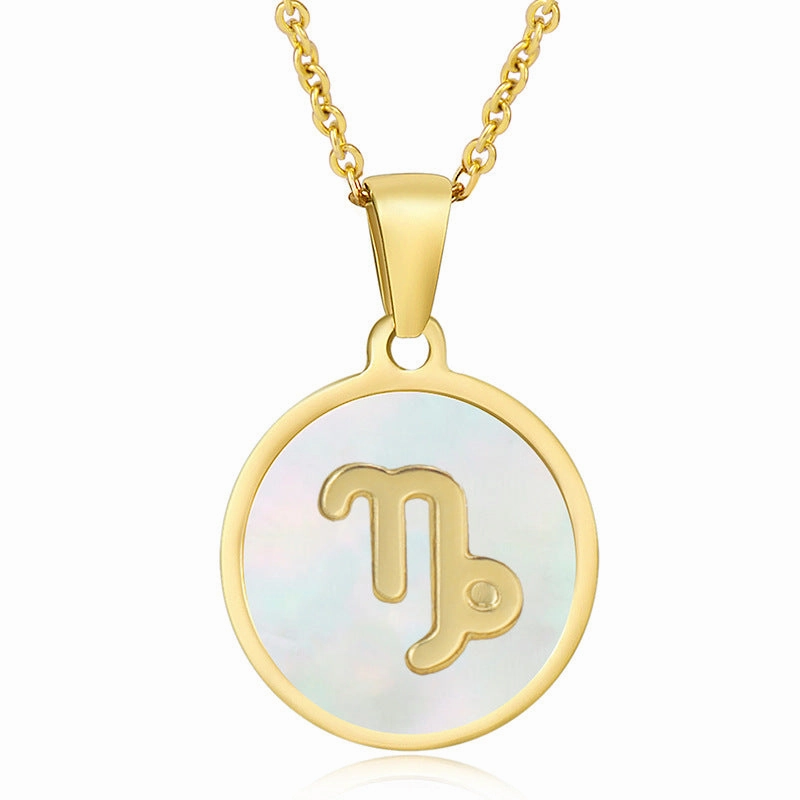 Wholesale Titanium Steel Circular Shell Twelve Constellation Necklaces