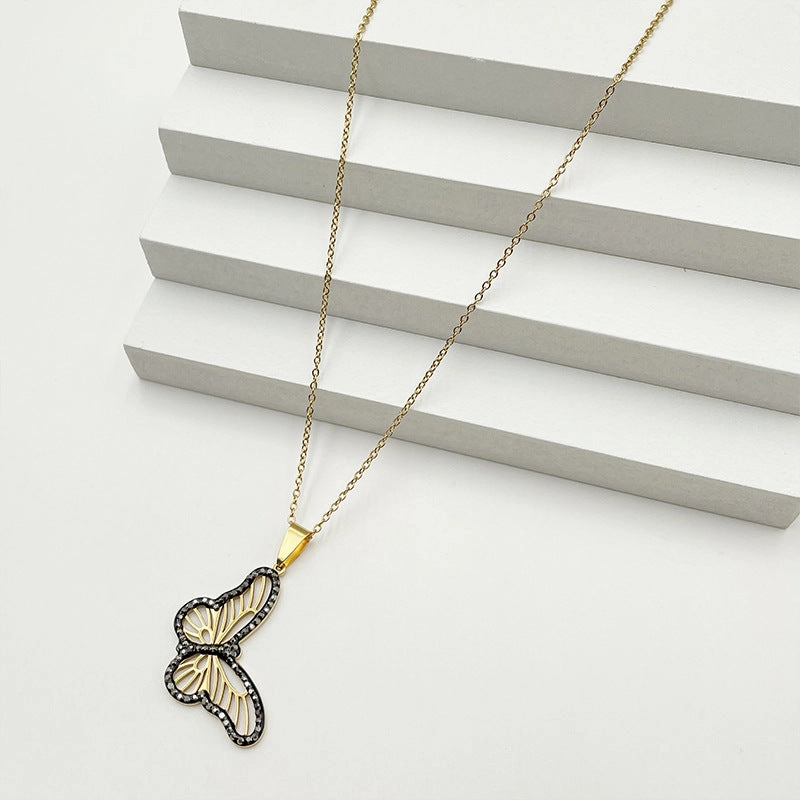 Wholesale Titanium Steel Colored Rhinestone Two-tone Butterfly Pendant Necklaces