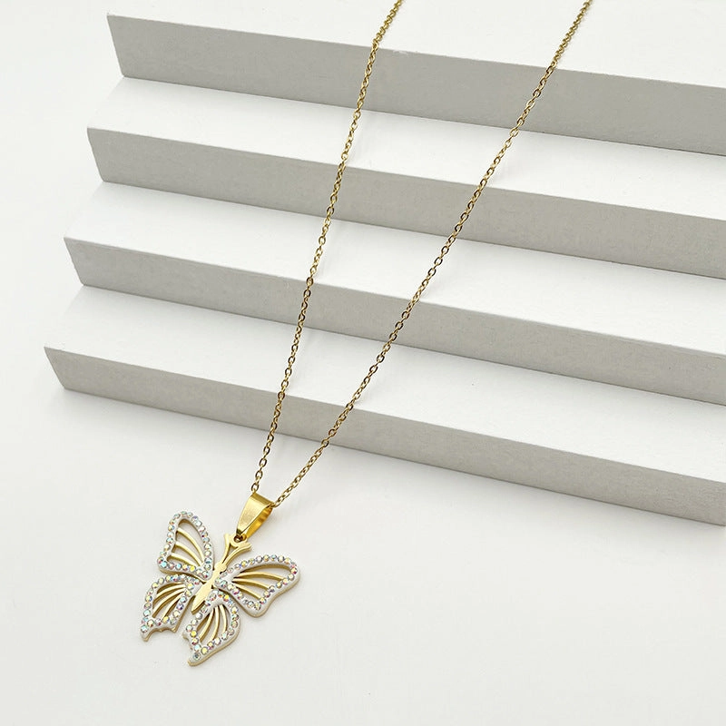 Wholesale Titanium Steel Colored Rhinestone Two-tone Butterfly Pendant Necklaces