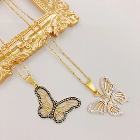 Wholesale Titanium Steel Colored Rhinestone Two-tone Butterfly Pendant Necklaces