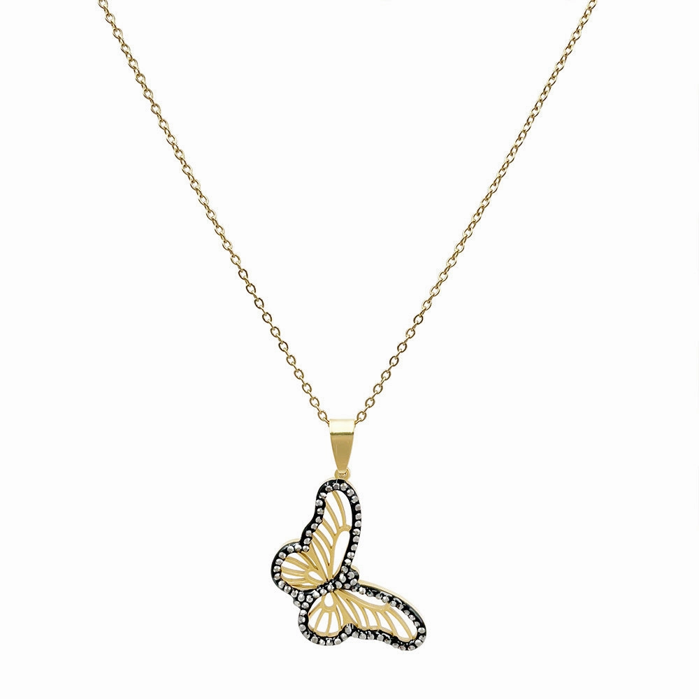 Wholesale Titanium Steel Colored Rhinestone Two-tone Butterfly Pendant Necklaces