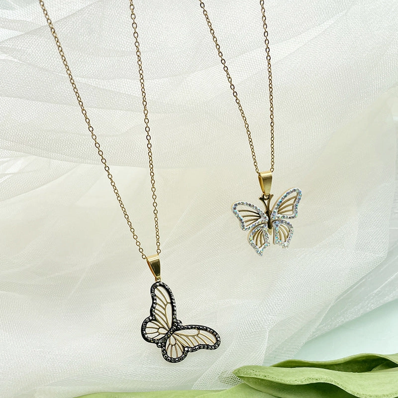 Wholesale Titanium Steel Colored Rhinestone Two-tone Butterfly Pendant Necklaces