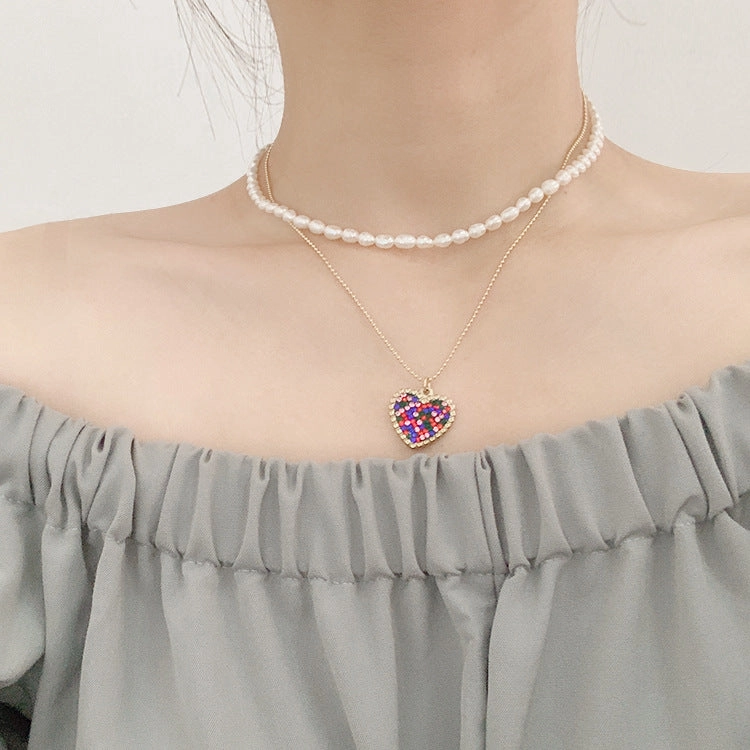 Wholesale Titanium Steel Colored Zircon Freshwater Pearl Stacked Necklaces