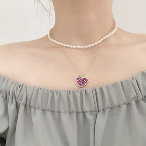 Wholesale Titanium Steel Colored Zircon Freshwater Pearl Stacked Necklaces