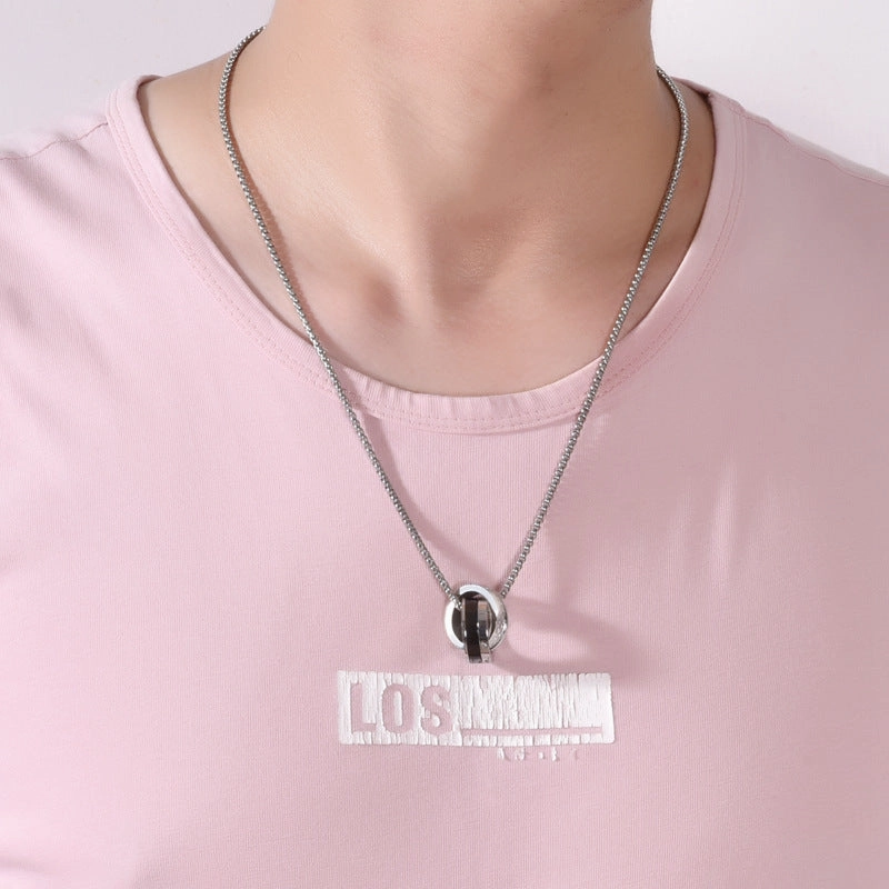 Wholesale Titanium Steel Double Circle Ring Crystal Pendant Long Sweater Necklaces