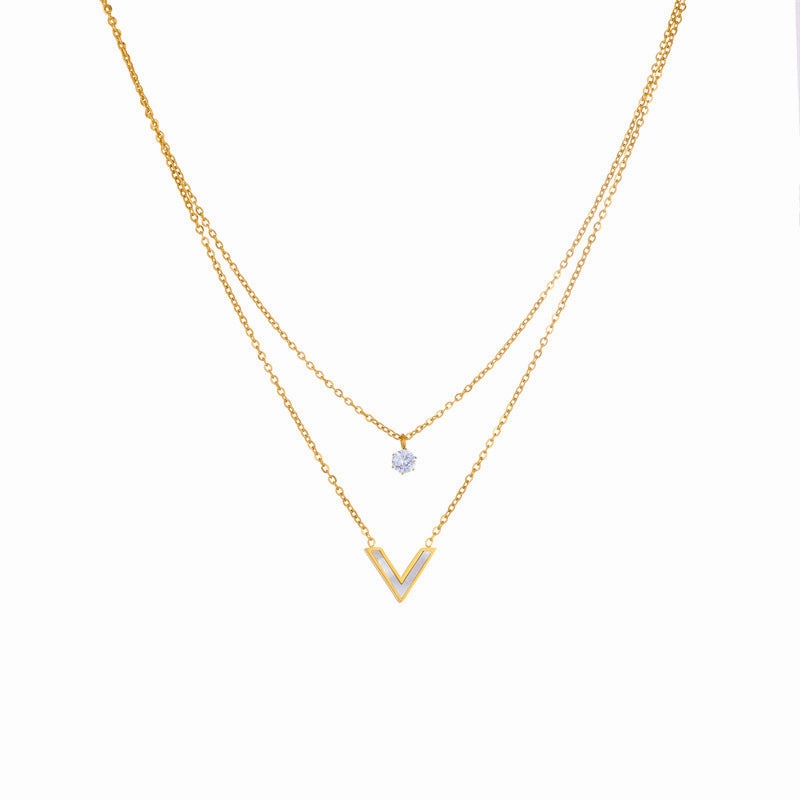 Wholesale Titanium Steel Double Layer Stacked V-shaped Diamond Necklace Clavicle Chain
