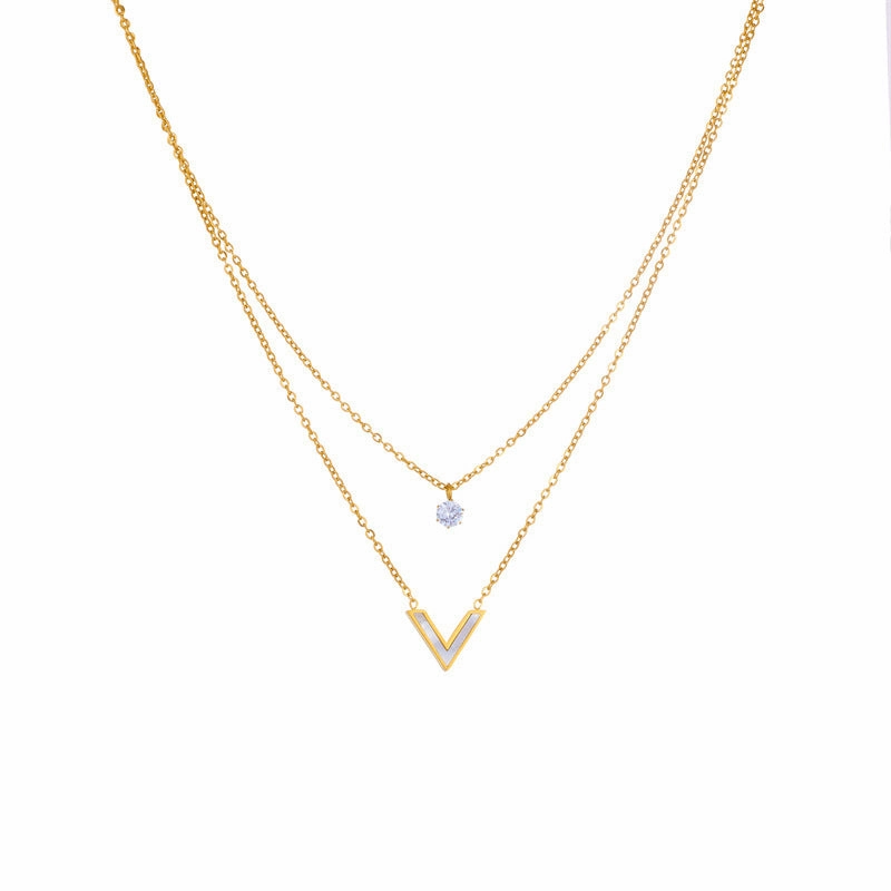 Wholesale Titanium Steel Double Layer Stacked V-shaped Diamond Necklace Clavicle Chain
