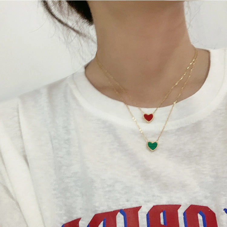 Wholesale Titanium Steel Double Sided Small Red Hearts Green Love Necklaces
