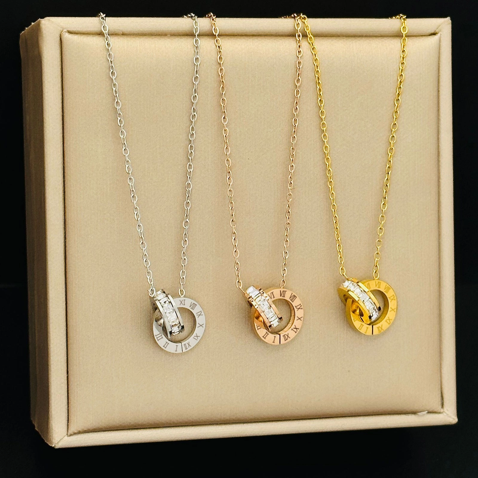 Wholesale Titanium Steel Geometry Roman Numerals and Diamond Necklace