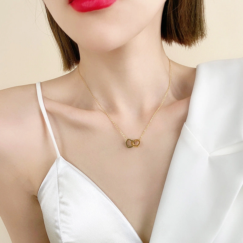Wholesale Titanium Steel Gold Love Double Ring Necklace Clavicle Chain