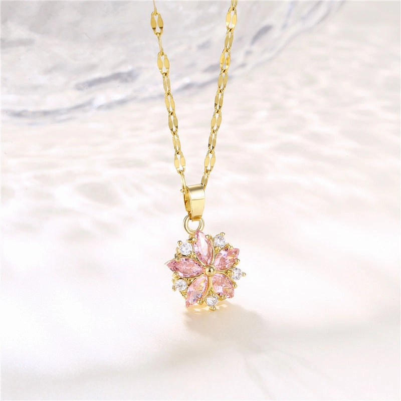 Wholesale Titanium Steel Gold-plated Pink Cherry Blossom Necklaces