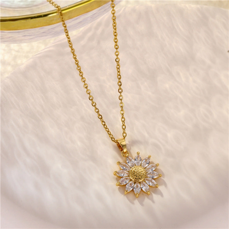 Wholesale Titanium Steel Gold-plated Sunflower Zircon Necklace
