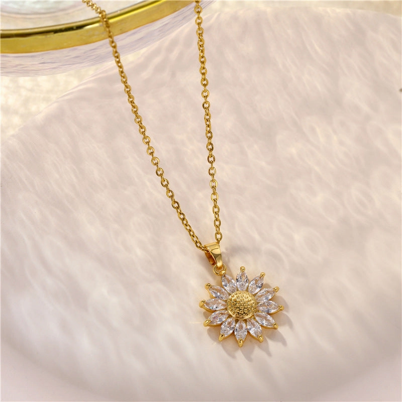 Wholesale Titanium Steel Gold-plated Sunflower Zircon Necklace