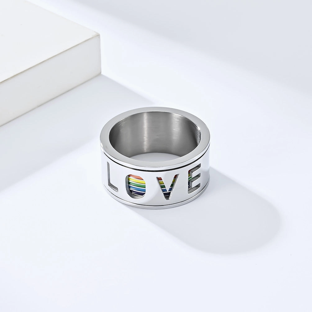 Wholesale Titanium Steel LGBT LOVE Rotating Titanium Steel Rainbow Flag Ring