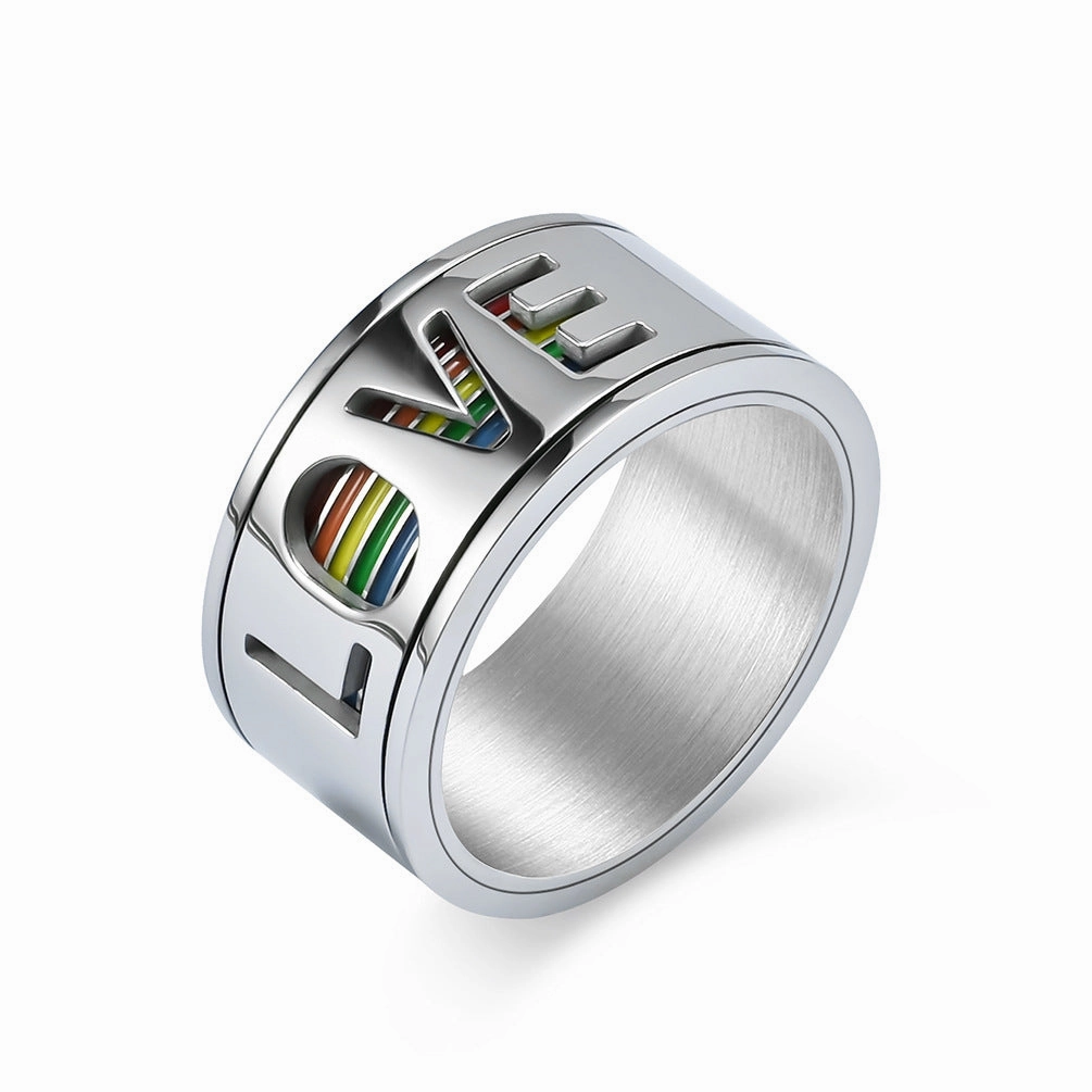 Wholesale Titanium Steel LGBT LOVE Rotating Titanium Steel Rainbow Flag Ring