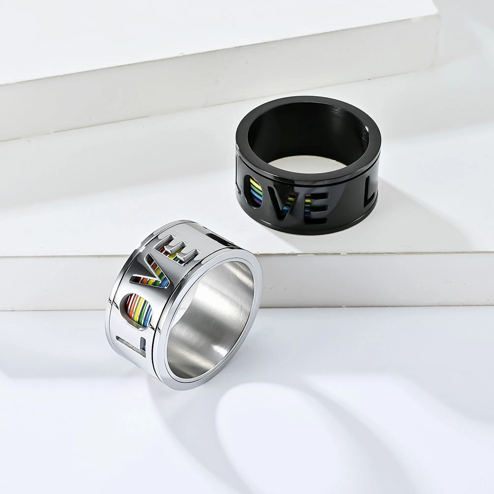 Wholesale Titanium Steel LGBT LOVE Rotating Titanium Steel Rainbow Flag Ring