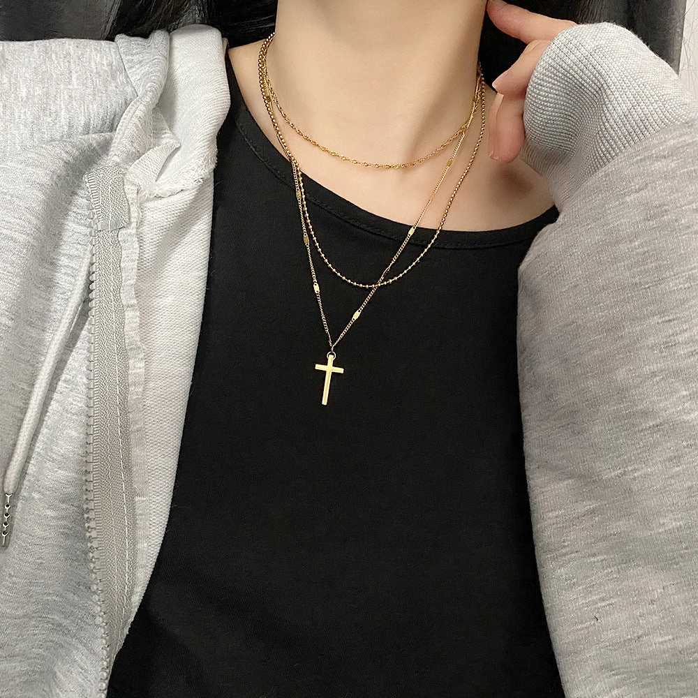 Wholesale Titanium Steel Non-fading Three-layer Cross Niche Cold Style High-grade Clavicle Chain