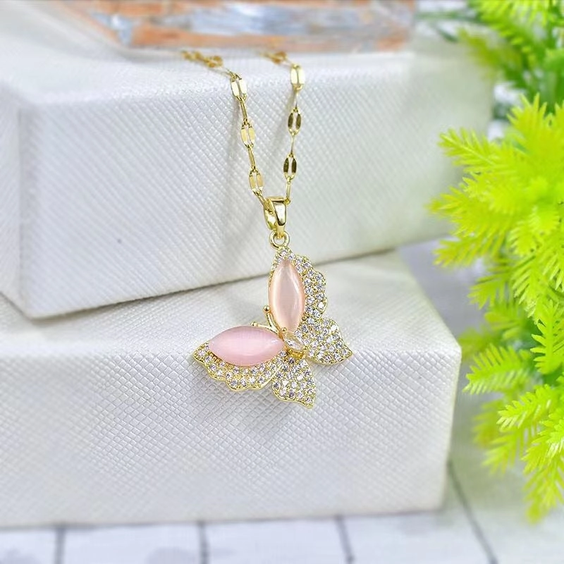 Wholesale Titanium Steel Rainbow Crystal Butterfly Necklaces