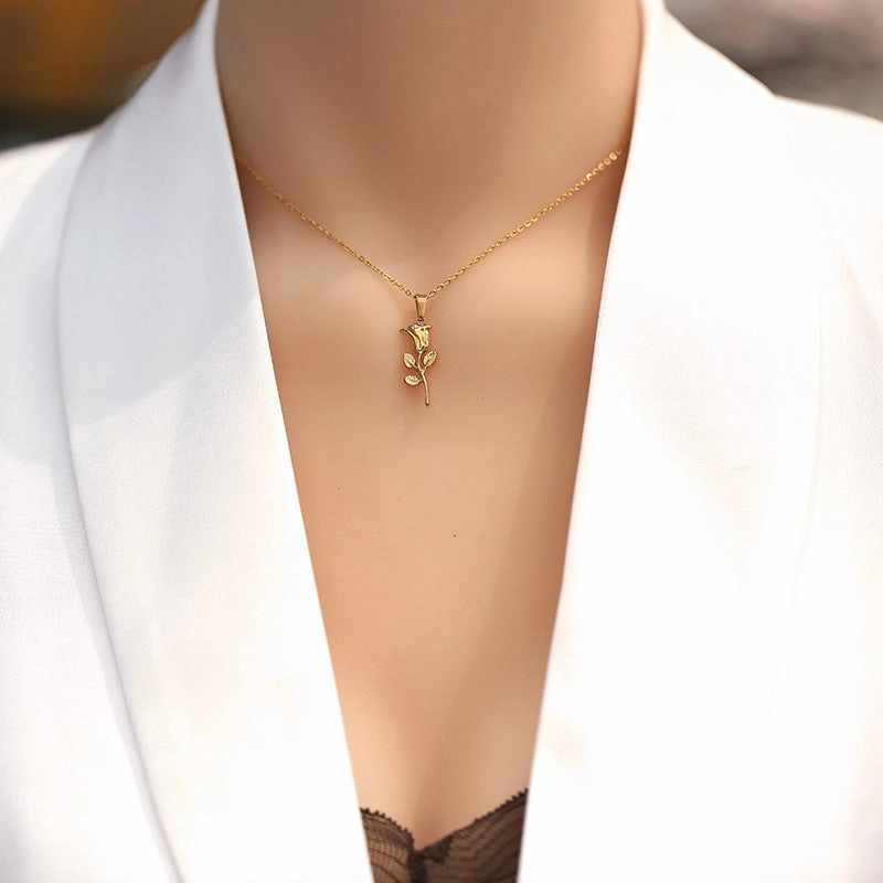 Wholesale Titanium Steel Rose Flower Necklace