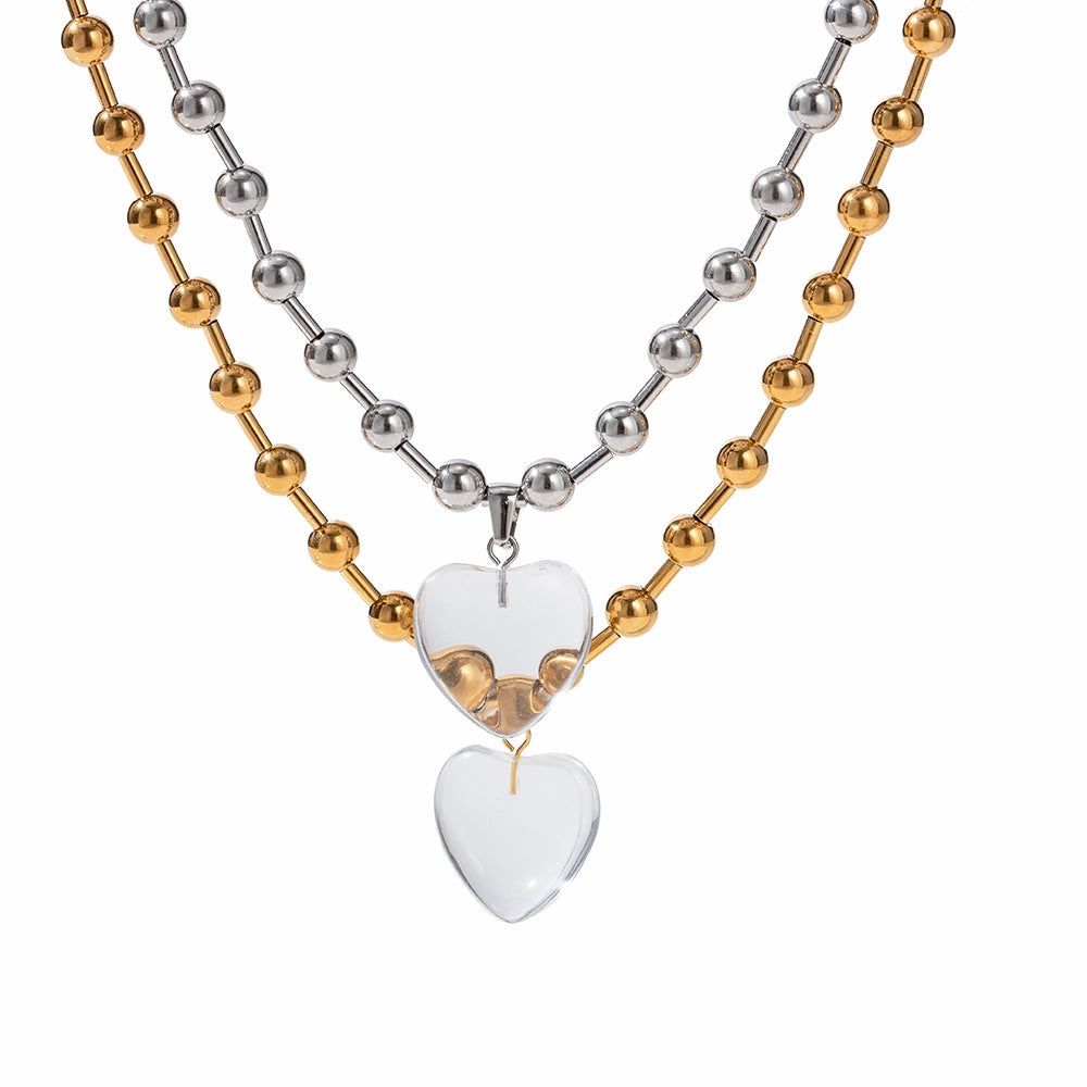 Wholesale Titanium Steel Round Bead Transparent Heart Pendant Necklace
