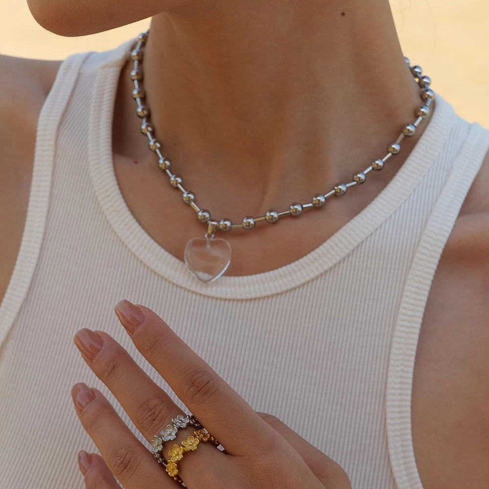 Wholesale Titanium Steel Round Bead Transparent Heart Pendant Necklace
