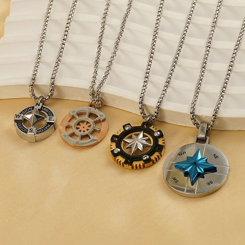 Wholesale Titanium steel round hollow compass vintage Baman star necklace