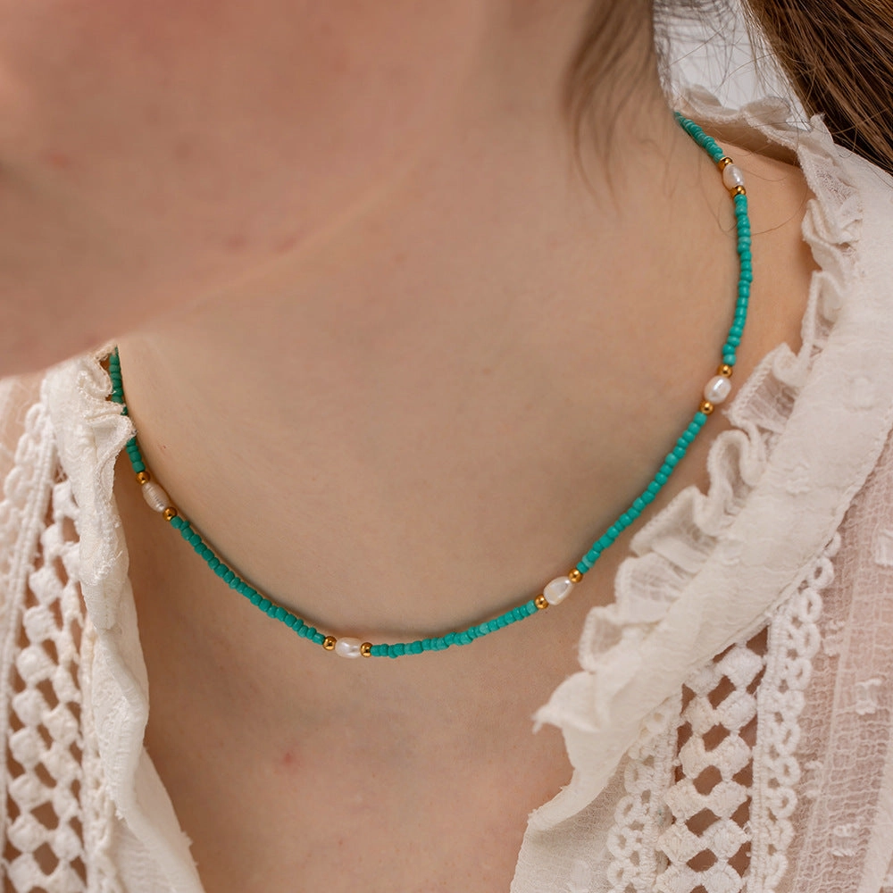 Wholesale Titanium Steel White Pearl Blue Color Millet Beads Necklaces
