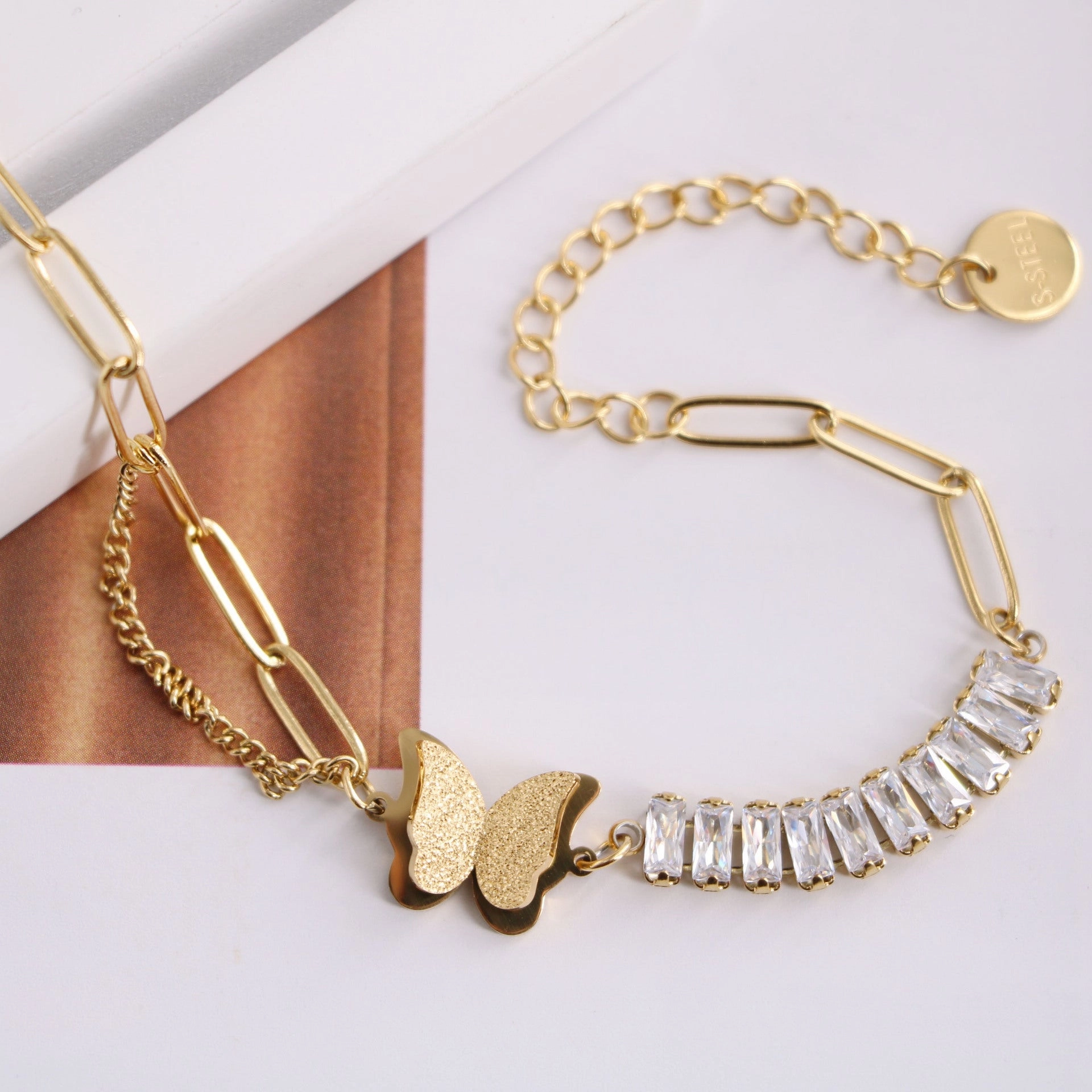 Wholesale Titanium Steel Zircon Diamond Chain Asymmetric Three-dimensional Frosted Butterfly Necklaces