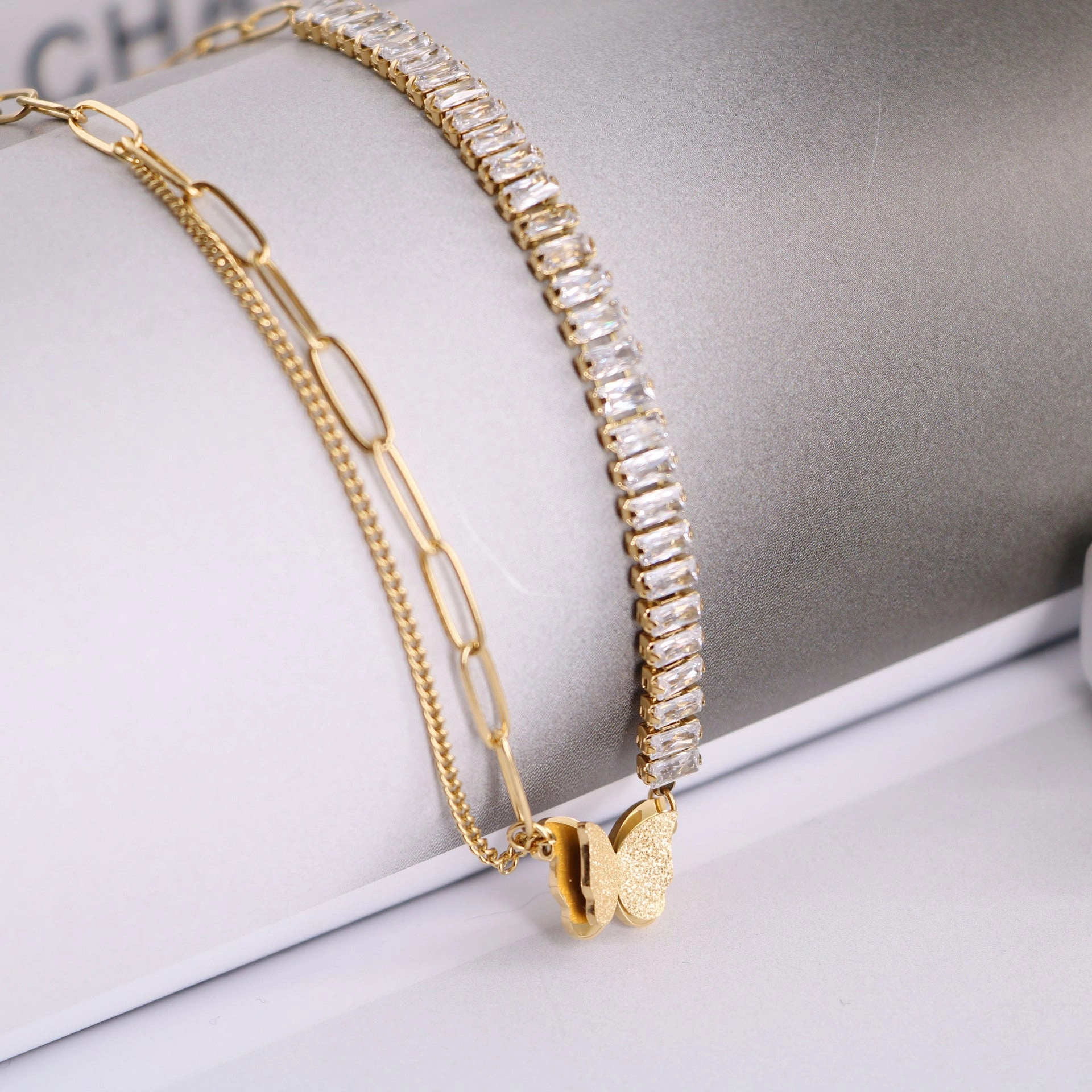 Wholesale Titanium Steel Zircon Diamond Chain Asymmetric Three-dimensional Frosted Butterfly Necklaces