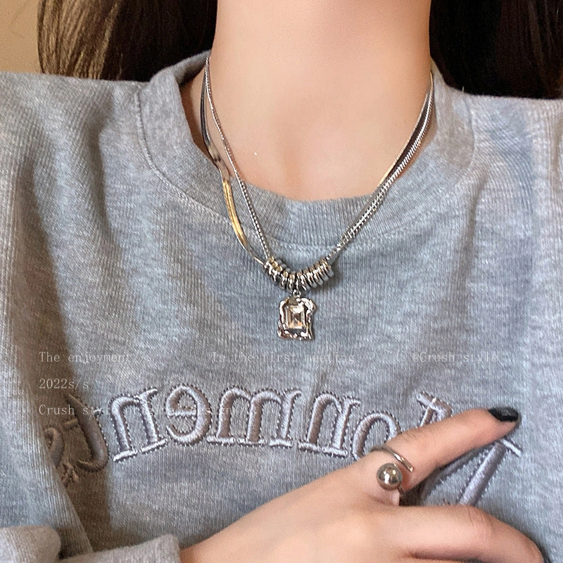 Wholesale Titanium Steel Zircon Double Layer Necklace Sweater Chain Clavicle Chain