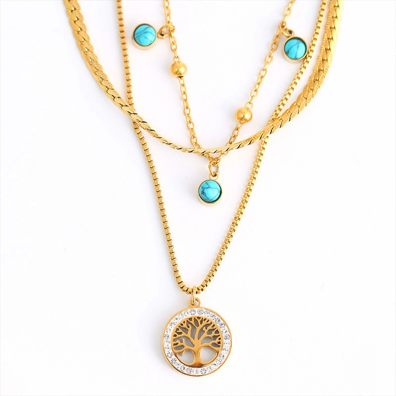 Wholesale Tree of Life Double Layer 18k Gold Titanium Steel Necklaces