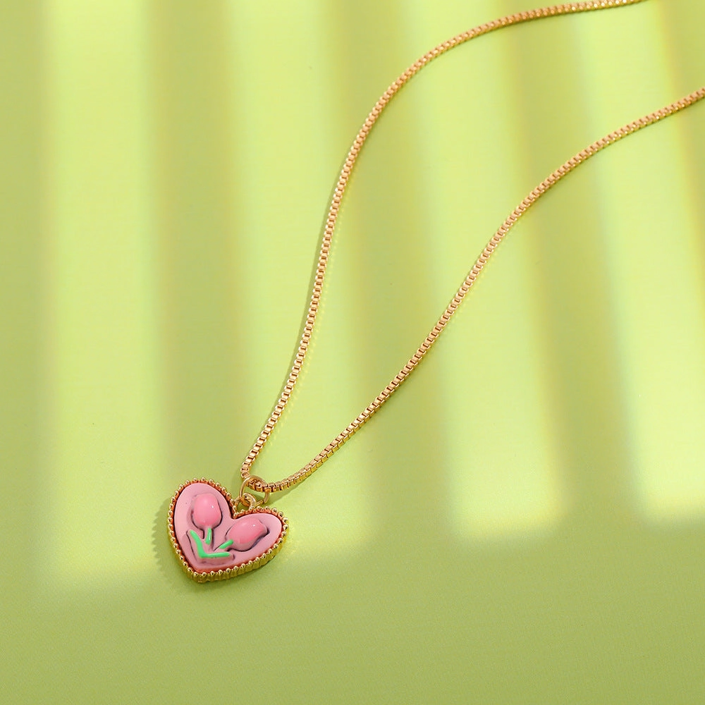 Wholesale Tulip Flowers Pearl Love Heart Pendant Alloy Necklaces