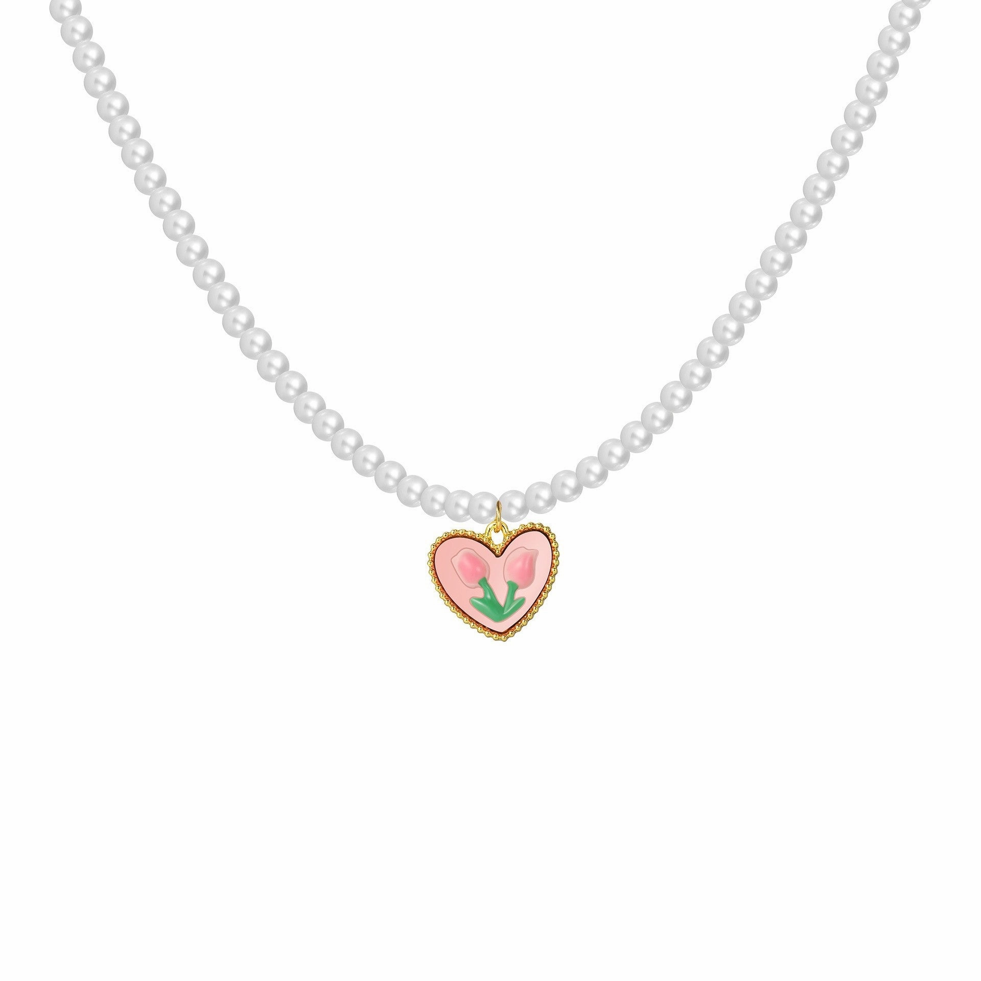 Wholesale Tulip Flowers Pearl Love Heart Pendant Alloy Necklaces