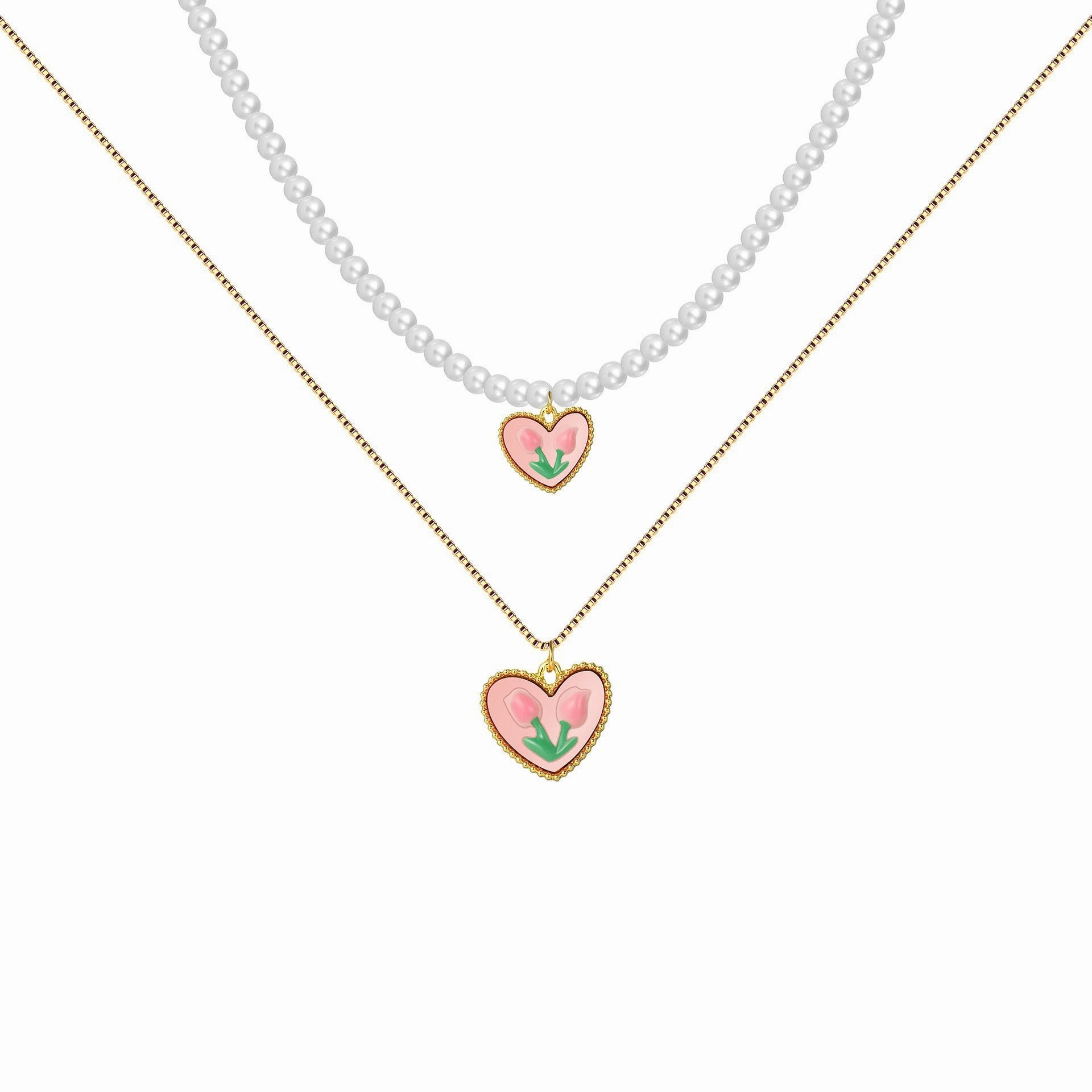 Wholesale Tulip Flowers Pearl Love Heart Pendant Alloy Necklaces