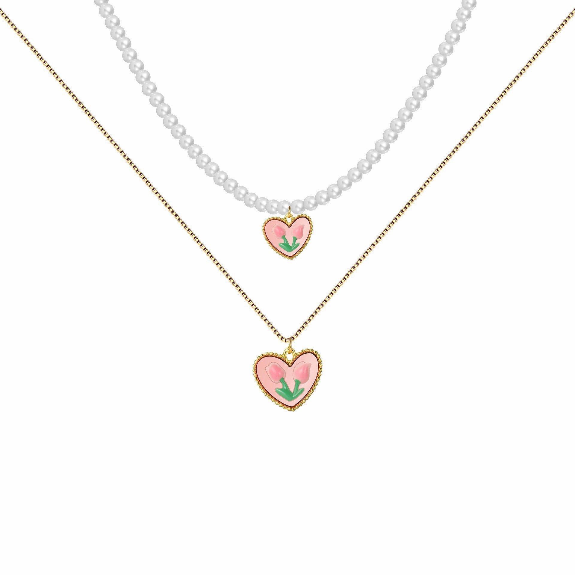 Wholesale Tulip Flowers Pearl Love Heart Pendant Alloy Necklaces