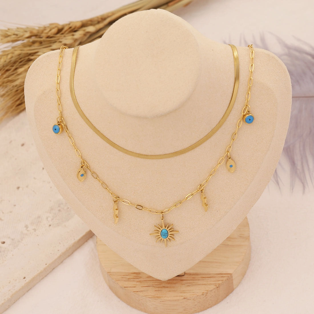 Wholesale Turquoise Stainless Steel Necklace Lightning Pentagram Bracelet Set