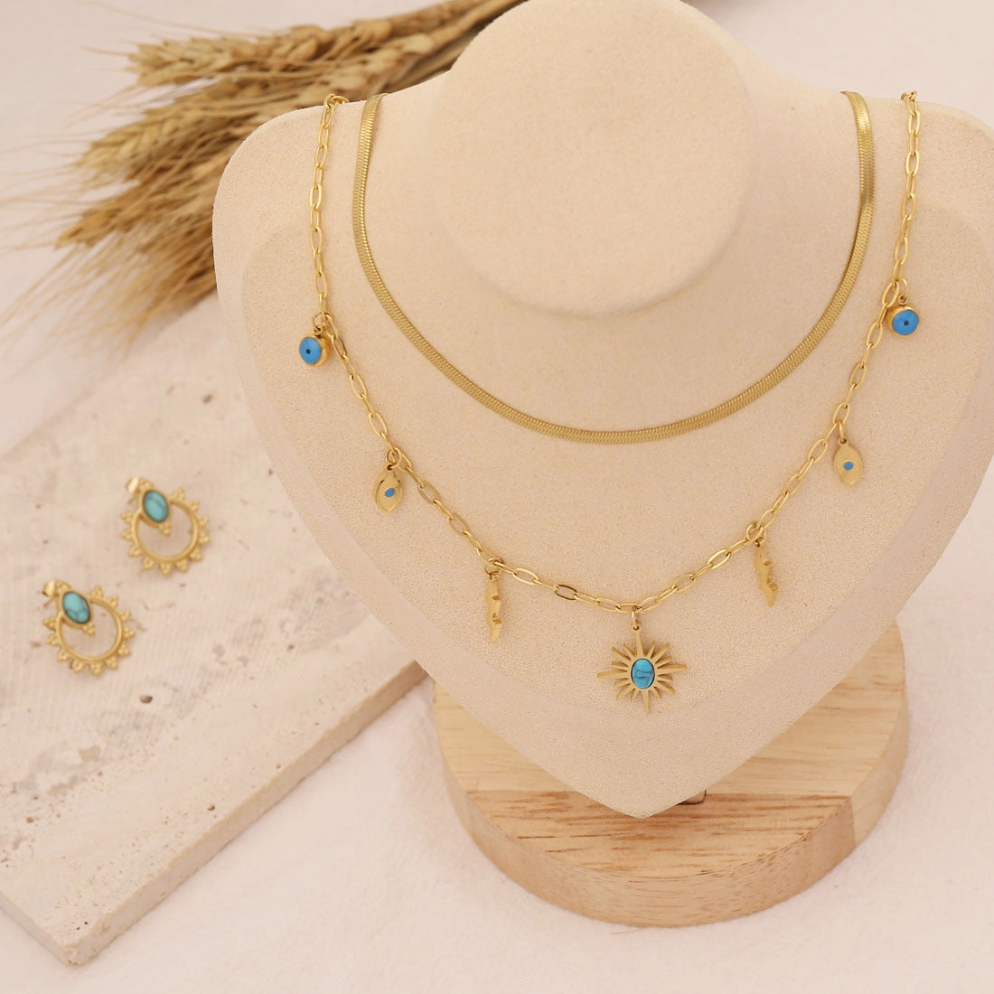 Wholesale Turquoise Stainless Steel Necklace Lightning Pentagram Bracelet Set