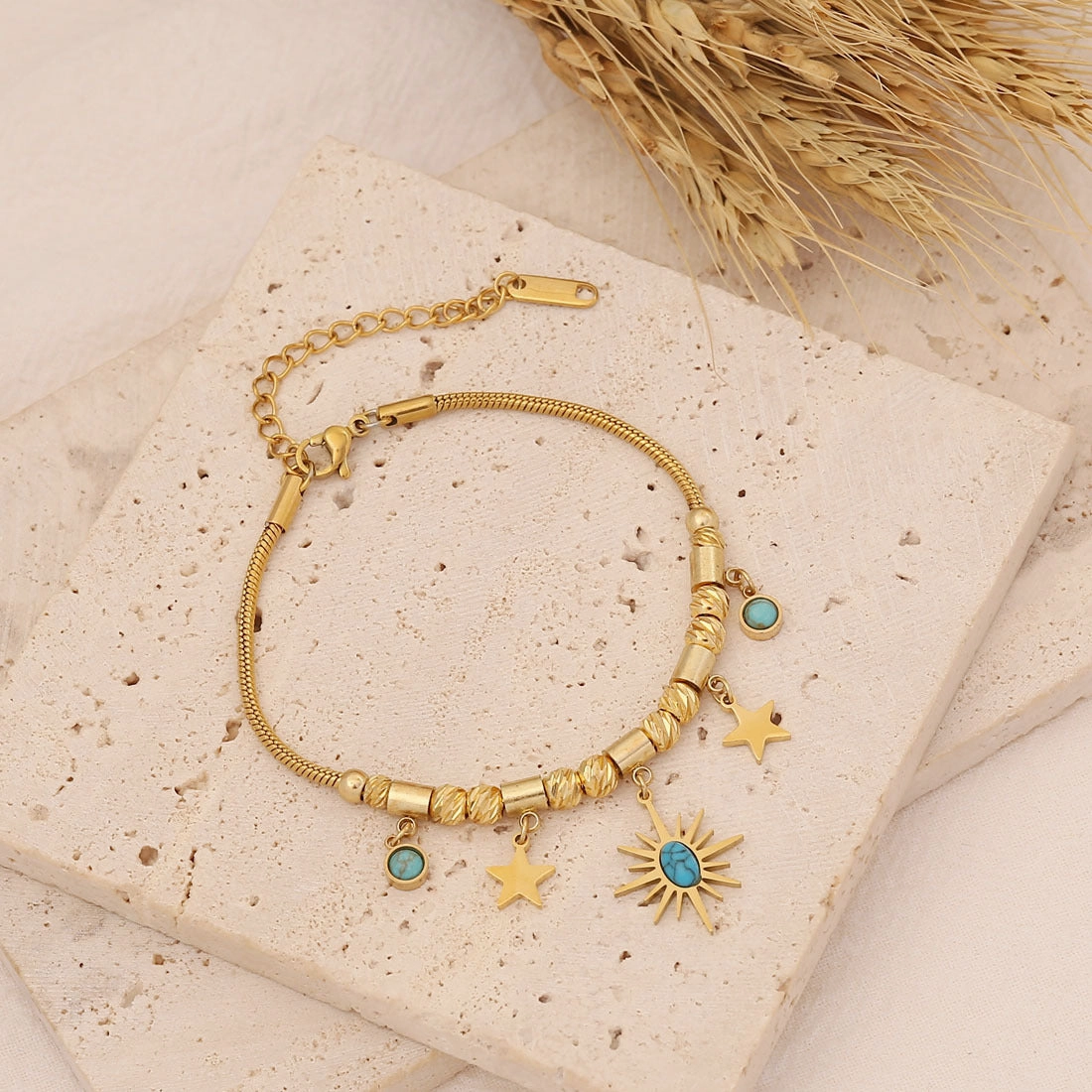 Wholesale Turquoise Stainless Steel Necklace Lightning Pentagram Bracelet Set