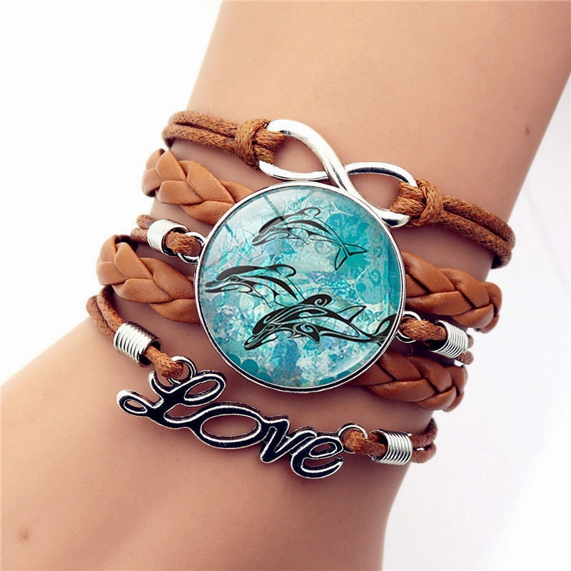 Wholesale Turtle Dolphin Leather Infinity Symbol LOVE Brown Multilayer Weave Alloy Bracelet