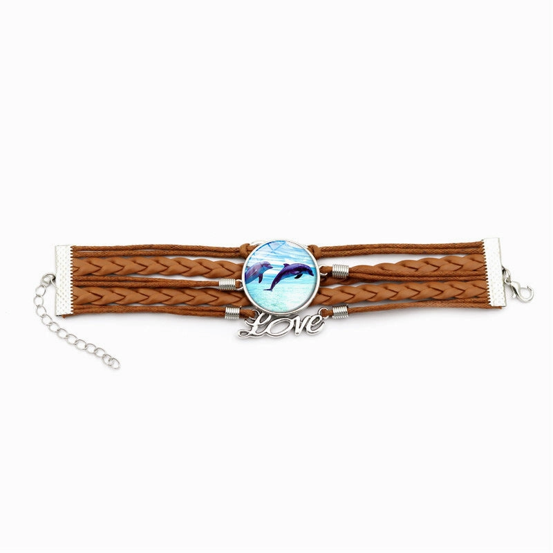 Wholesale Turtle Dolphin Leather Infinity Symbol LOVE Brown Multilayer Weave Alloy Bracelet