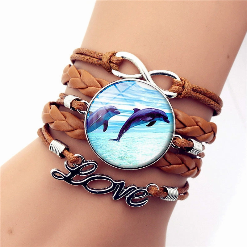 Wholesale Turtle Dolphin Leather Infinity Symbol LOVE Brown Multilayer Weave Alloy Bracelet