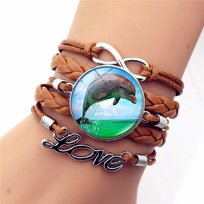 Wholesale Turtle Dolphin Leather Infinity Symbol LOVE Brown Multilayer Weave Alloy Bracelet