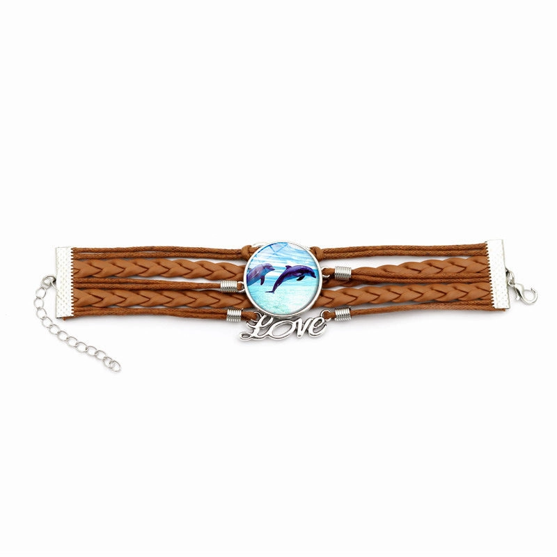 Wholesale Turtle Dolphin Leather Infinity Symbol LOVE Brown Multilayer Weave Alloy Bracelet
